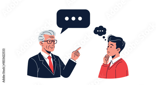 Experienced older businessman giving advice to a thoughtful young man who is listening and considering the information carefully.
