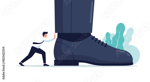 Small businessman bravely pushing against the giant leg and shoe of a much larger figure, symbolizing overcoming big challenges or competition.