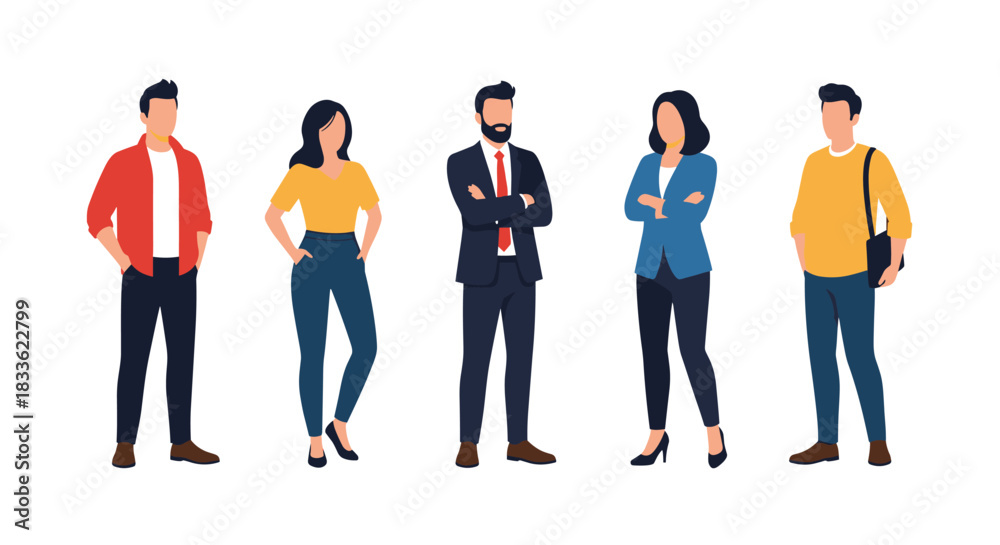 Obraz premium A diverse group of five young professionals standing together, representing a modern business team with a mix of corporate and casual attire.