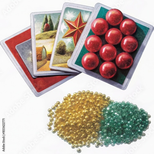 Colorful playing cards and decorative beads arranged artistically.