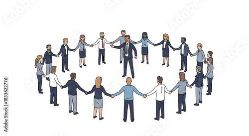 A diverse group of business people holding hands in a circle, illustrating teamwork, unity, corporate community, and collaborative success.