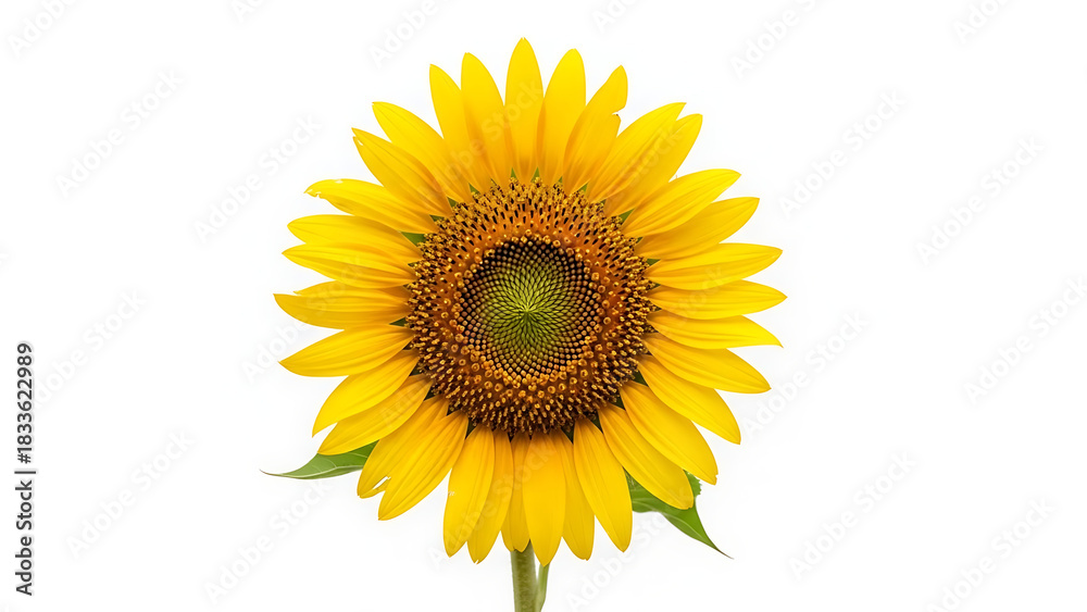 Fototapeta premium Bright Yellow Sunflower with Green Stem and Leaves Against a White Background