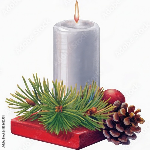A festive candle arrangement with pine and a pinecone, perfect for holiday decor.