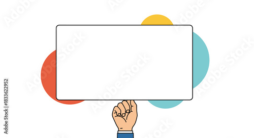A businessperson's hand holding up a blank white sign with copy space for custom messages against a colorful background.