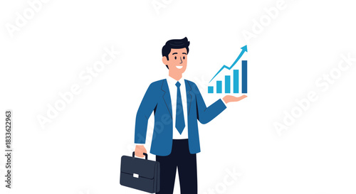 A successful businessman holding a briefcase and presenting a rising bar chart, symbolizing business growth, profit, and achievement.