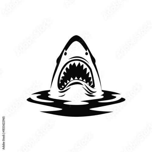 Black and white illustration of a shark emerging with ferocious jagged teeth vector hand drawn image