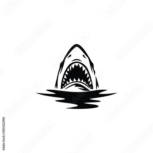 Black and white illustration of a shark emerging with ferocious jagged teeth vector hand drawn image