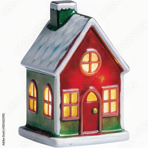 A decorative house figurine with a colorful design and illuminated windows.