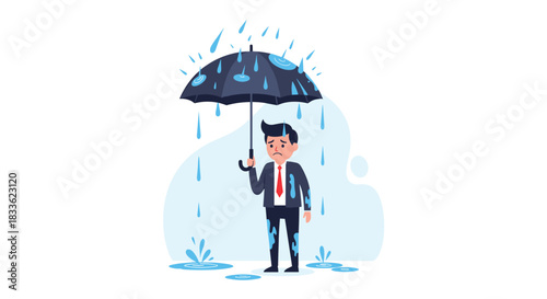 Sad and dejected businessman standing alone in the rain with an umbrella, symbolizing business failure, crisis, and disappointment.