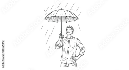 A sketch-style illustration of a calm and confident man standing in the rain while holding an open umbrella for protection.