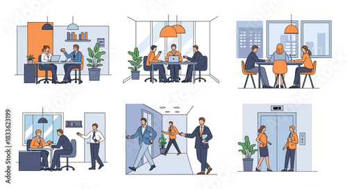 A collection of office scenes illustrating various business activities like meetings, interviews, coffee breaks, and elevator conversations.