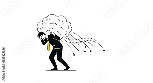 A businessman burdened by a heavy cloud on his back, symbolizing stress, depression, burnout, and mental health issues in the workplace.