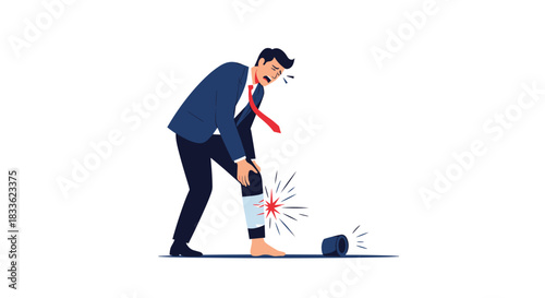 A businessman in pain from a leg injury, with a discharged battery next to him, representing physical exhaustion or burnout from overworking.