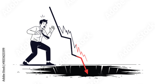 A scared businessman watches a jagged stock market graph plummet into a dark hole, symbolizing a financial market crash and economic crisis.