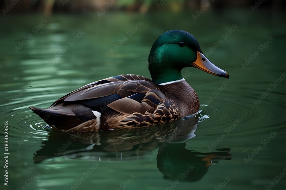 Fototapeta premium Emerald duck swimming on lake