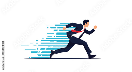 A businessman in a suit running fast with speed motion lines behind him, representing speed, efficiency, and ambition in business.