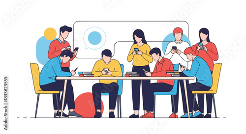 A group of young people sitting and standing around a table, all engrossed in their smartphones, illustrating social media addiction.