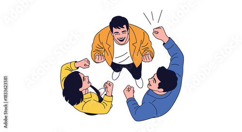 A top-down view of three happy friends or colleagues cheering and celebrating success together in a circle with raised fists.