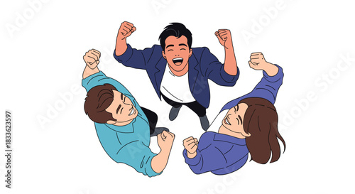 Top-down illustration of three diverse, happy colleagues celebrating a victory together, looking up with fists raised in excitement.