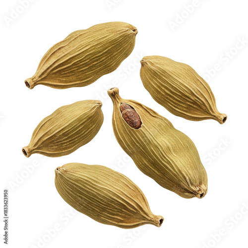 Wallpaper Mural Aromatic cardamom pods detailed close-up with exposed seeds and textured surface isolated on white background Torontodigital.ca