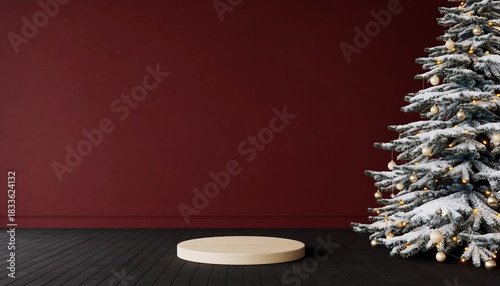 Empty podium with spruce tree, Christmas sale display. 