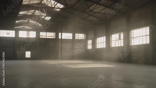 Empty warehouse interior with sunlight streaming through windows.