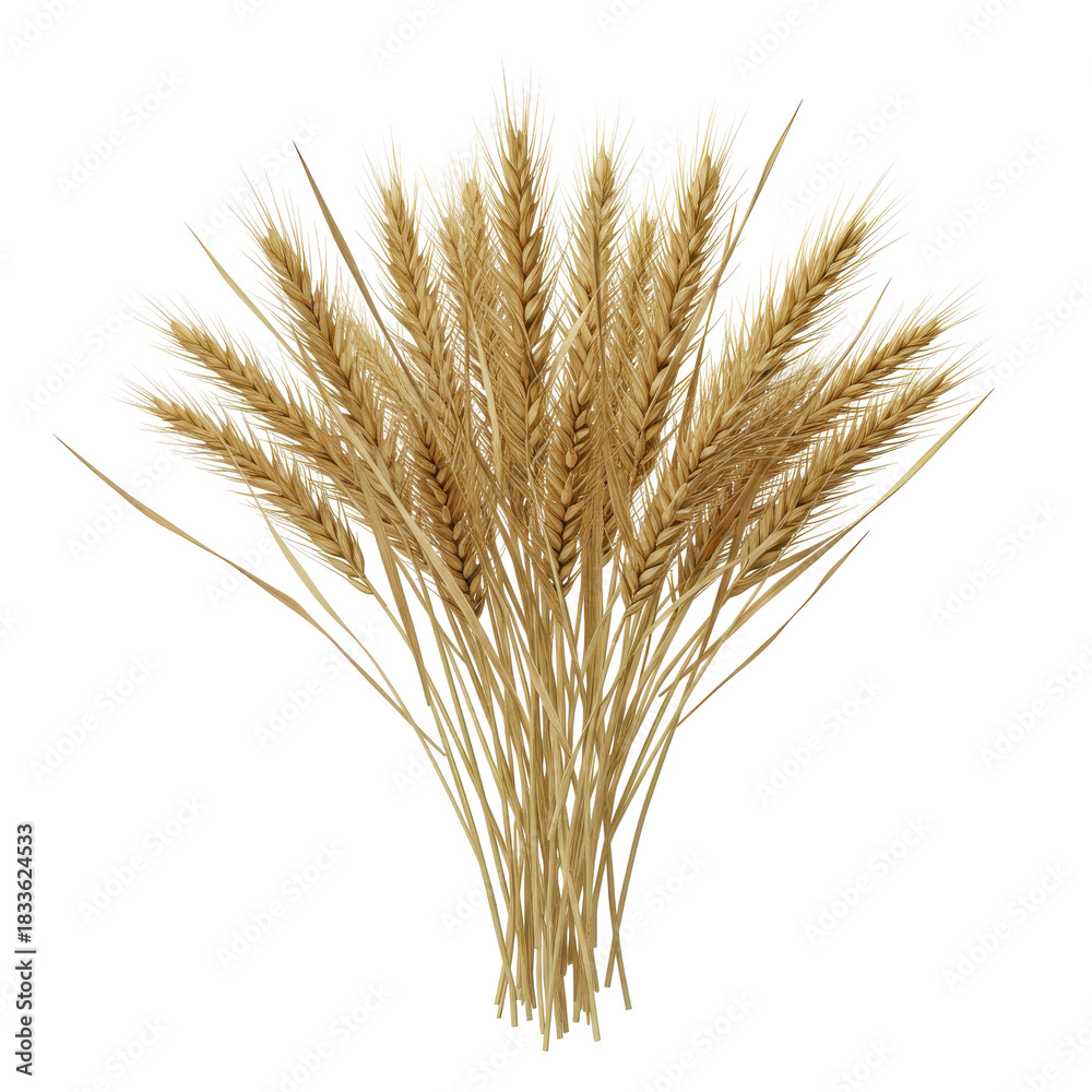 Fototapeta premium A cluster of golden wheat ears against a blank background isolated on white background