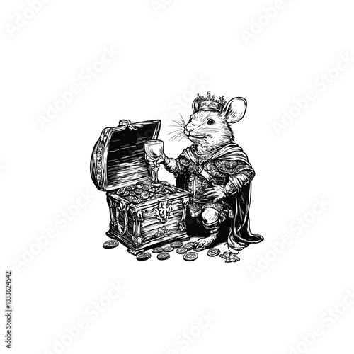 Vintage engraving style illustration of a regal mouse or rat wearing a crown and medieval armor, sitting beside an open treasure chest overflowing with gold coins