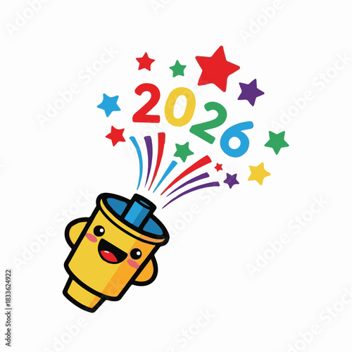Vibrant Happy New Year 2026 Celebration Vector Illustration featuring a Joyful Exploding Party Popper with Colorful Confetti and Stars
