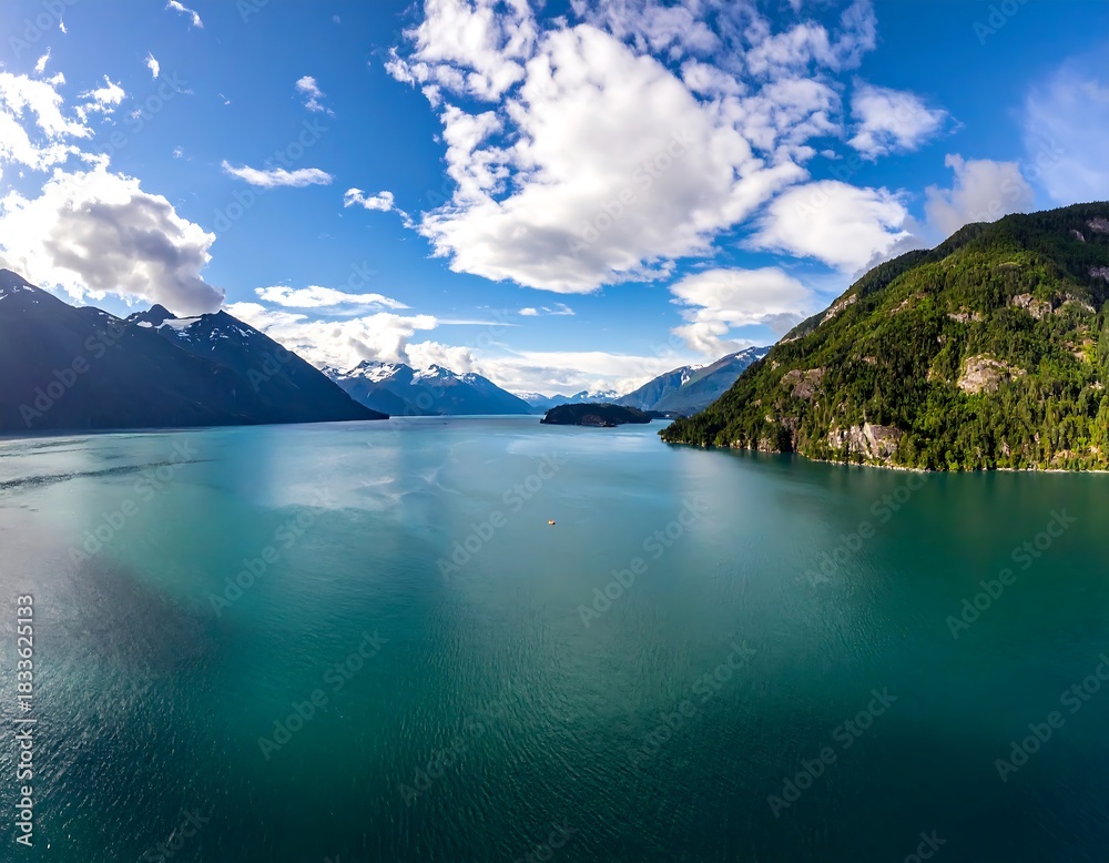 Naklejka premium Aerial view of a serene, turquoise lake surrounded by mountains and lush forest under a blue sky with scattered clouds