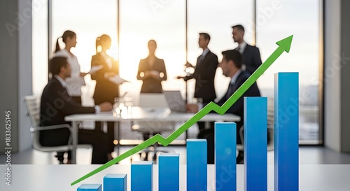 A business meeting in a modern office with a green arrow pointing upwards, symbolizing growth and success.