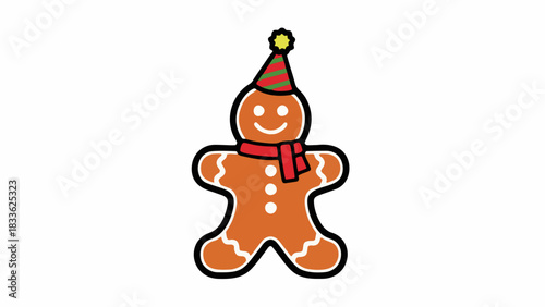 vector illustration of christmas themed gingerbread man cookie wearing a scarf and party hat
