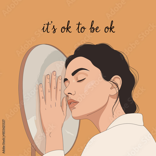 Illustration of a serene woman finding self acceptance in the mirror.