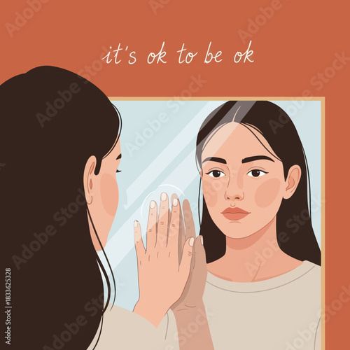 Woman looking in mirror and touching her reflection with her hands.