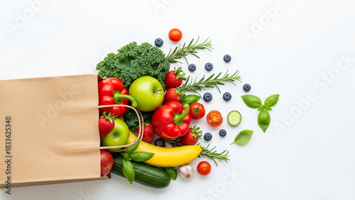 Fresh, vibrant produce spilling from shopping bag creates a healthy lifestyle concept, conveying wellness and nutrition goals with colorful ingredients