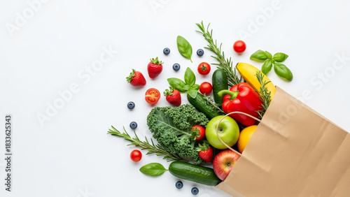 Fresh produce overflowing from reusable grocery bag promotes healthy eating, showcasing vibrant colors and natural goodness for sustainable lifestyle brands