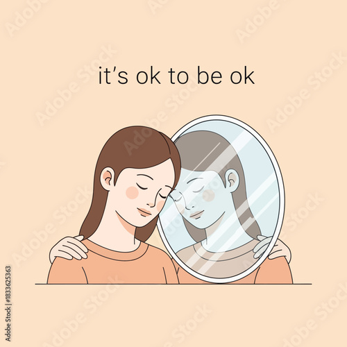 Woman Embracing Herself in Mirror Showing Self Acceptance and Inner Peace.