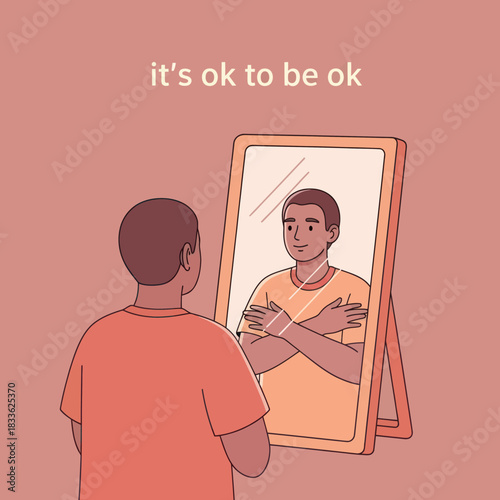 Man looking at his reflection in a mirror, embracing self-acceptance.