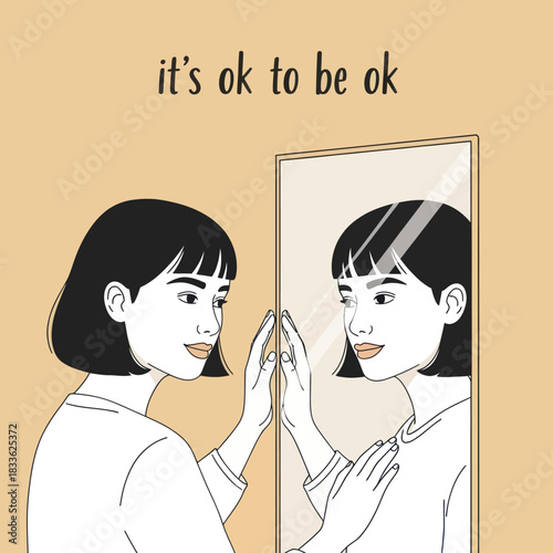 Young woman looking at her reflection in the mirror with a positive message.