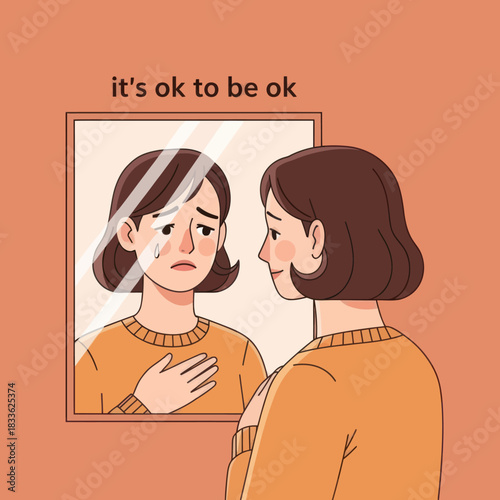 Woman looking in mirror, reflecting sadness and self-acceptance.