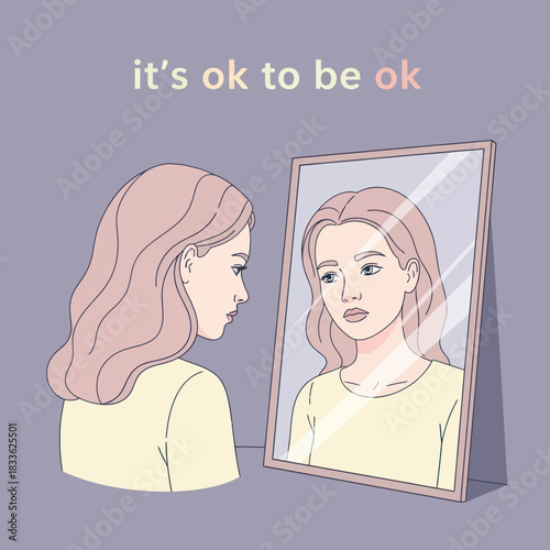 Young woman looking at her reflection in a mirror with a sad expression.