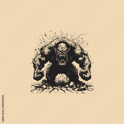 Illustration of a ferocious, enraged monster or creature breaking through a surface, depicted with cracked skin, bared teeth, and an open roar