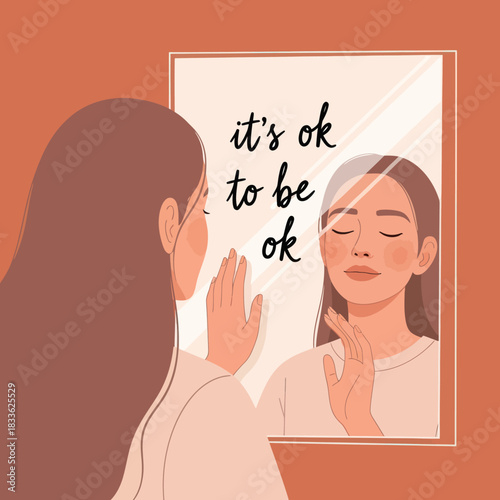 Woman Reflecting on Self-Acceptance in Mirror with Positive Affirmation.