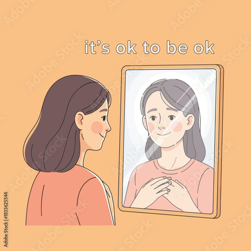 Young woman looking in mirror feeling good about herself.