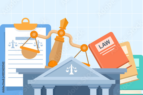 Law and justice concept with lawyer providing legal consultation, law firm services, legal aid, public legal support, and business legal advice in a professional vector illustration.