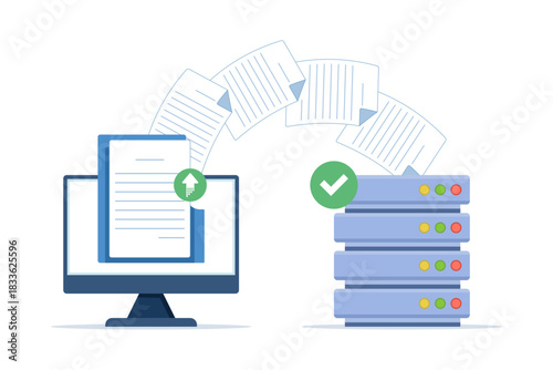 Vector illustration showing secure file transfer from PC to cloud server, modern backup data concept, safe document storage technology for business and creative use.