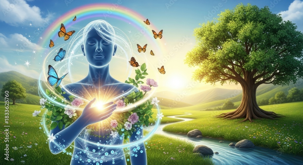Obraz premium A serene, ethereal figure with flowing hair, surrounded by butterflies and a rainbow, standing in a lush, green landscape with a flowing river and a tree.