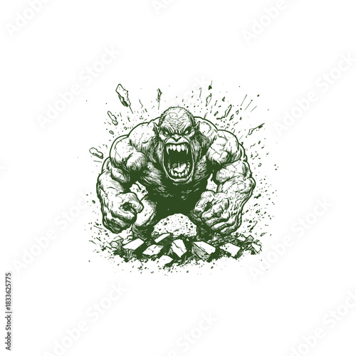 Illustration of a ferocious, enraged monster or creature breaking through a surface, depicted with cracked skin, bared teeth, and an open roar