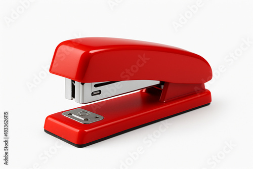 Bright red office stapler isolated on white background