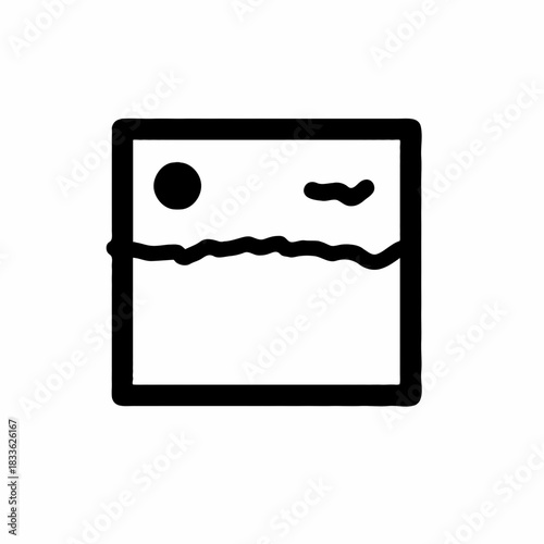 Stylized drawing of a framed seascape with sun and wave